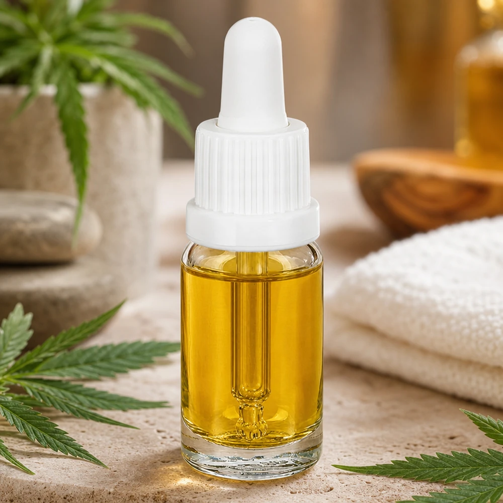 CBD-olie in een witte OV ClearLine UT18/10-pipetfles van 10 ml met gouden inhoud