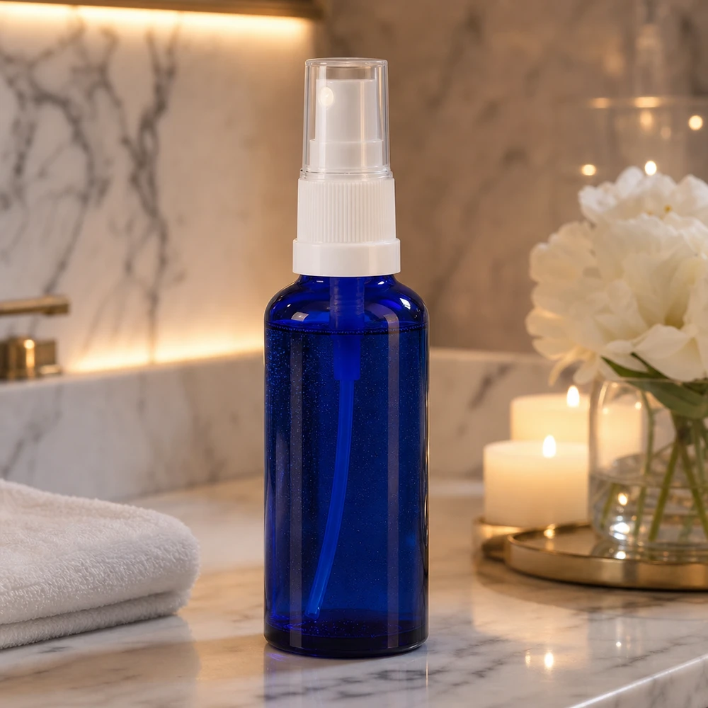 Blauwe glazen flessen 30ml met wit pompverstuiver UV-beschermende apothekersglas-spuitfles van 30 ml in donkerblauw met witte pompspuitkop voor cosmetica