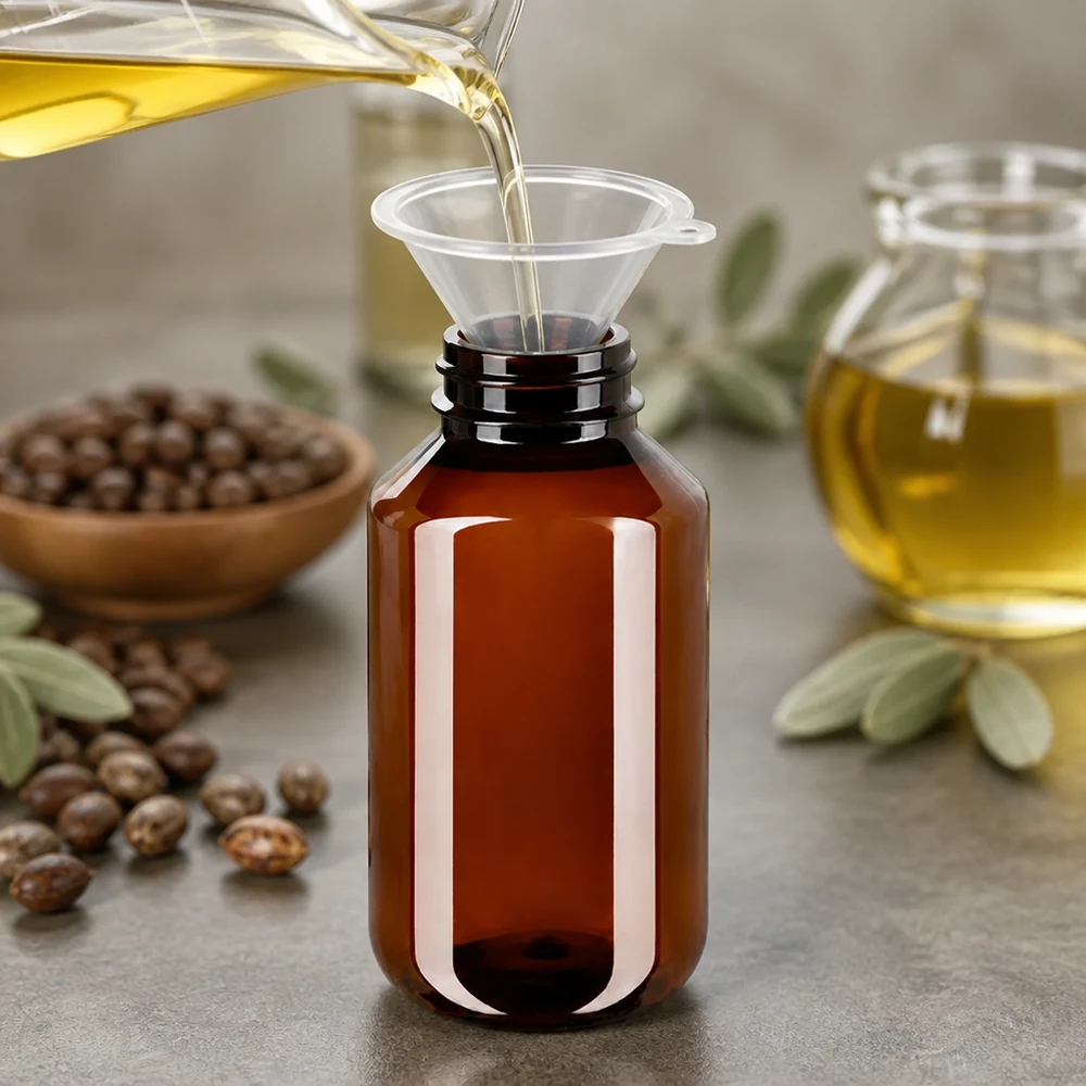 Bruine, lichtwerende PET-fles van 100 ml voor etherische oliën met een speciale ontgassingsdop
