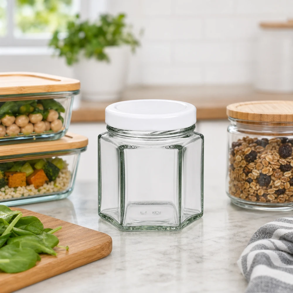 Leeg 47ml hexa potje met wit BasicSeal deksel tussen gevulde voorraadpotten in een moderne keuken