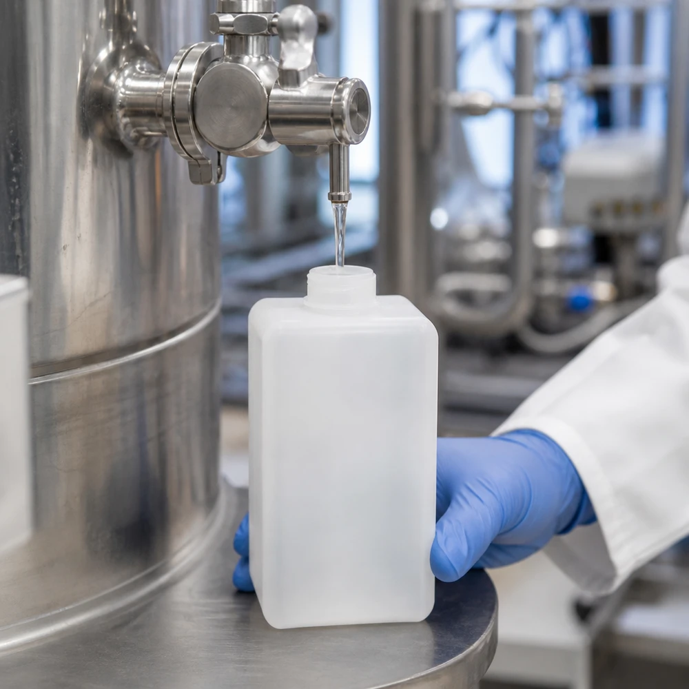 Vullen met vloeistof van een rechthoekige PE-HD-fles met smalle hals van 1500 ml, voorzien van een roestvrijstalen bemonsteringsklep