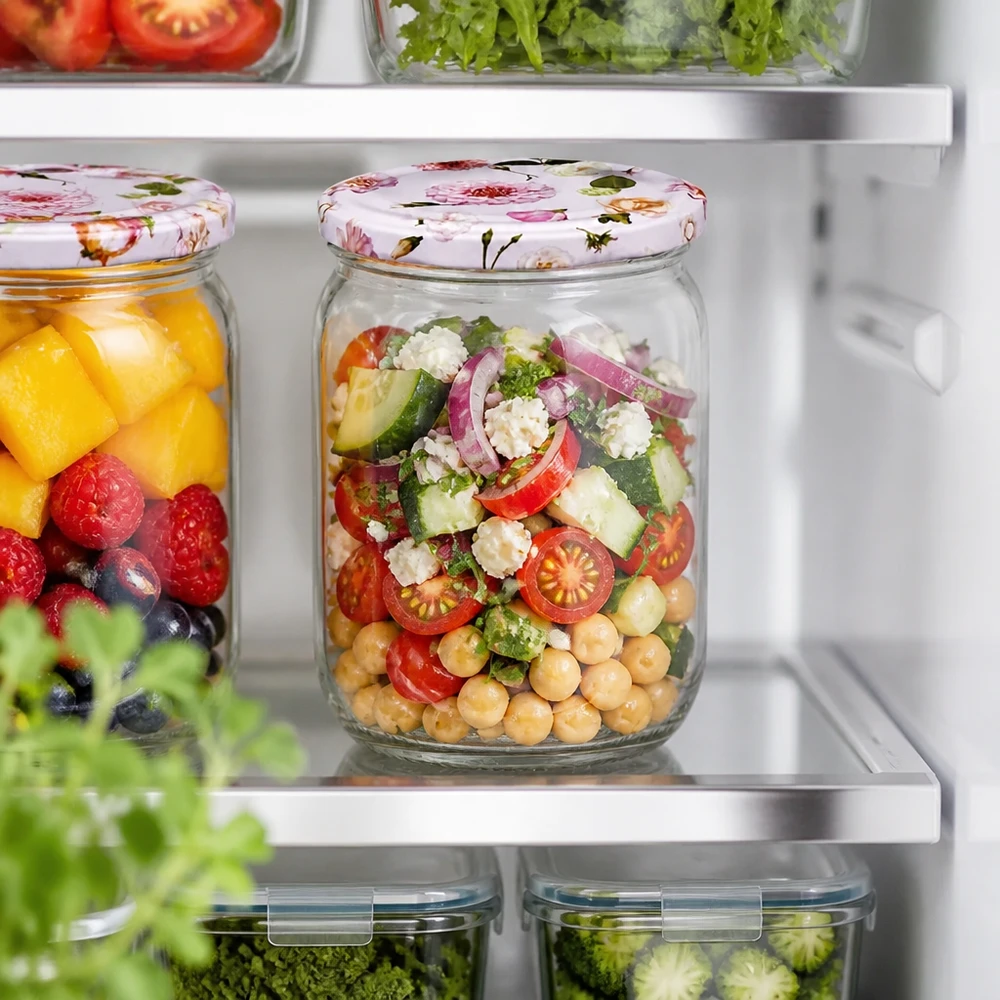 555 ml rond glas + BasicSeal-deksel met bloemmotief, roze, UNiTWIST Bewaring in de koelkast met een ronde glazen pot van 555 ml van UNiTWIST met een roze deksel met bloemmotief voor kant-en-klare salades