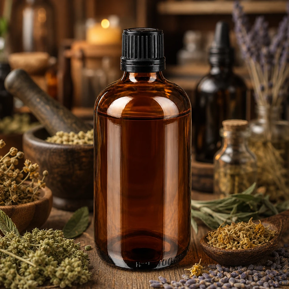 Bruine glazen fles 100ml met zwart schroefsluiting uitgietring VR Bewaarfles van 100 ml van bruin glas met een geribbeld OV-deksel voor aromatherapie en natuurgeneeskunde