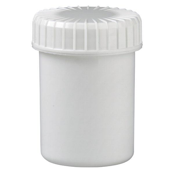 Kunststof pot 40 ml transparant met geribbeld wit schroefdeksel van PE, type sluiting Standaard Kunststof pot 40 ml transparant met geribbeld wit schroefdeksel van PE, type sluiting Standaard