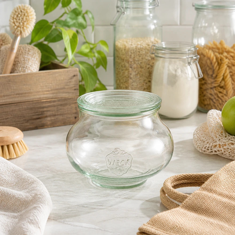 WECK juwelenpot 560ml RR80 in duurzame zero-waste keuken met natuurlijke materialen houten borstels en jute zakken