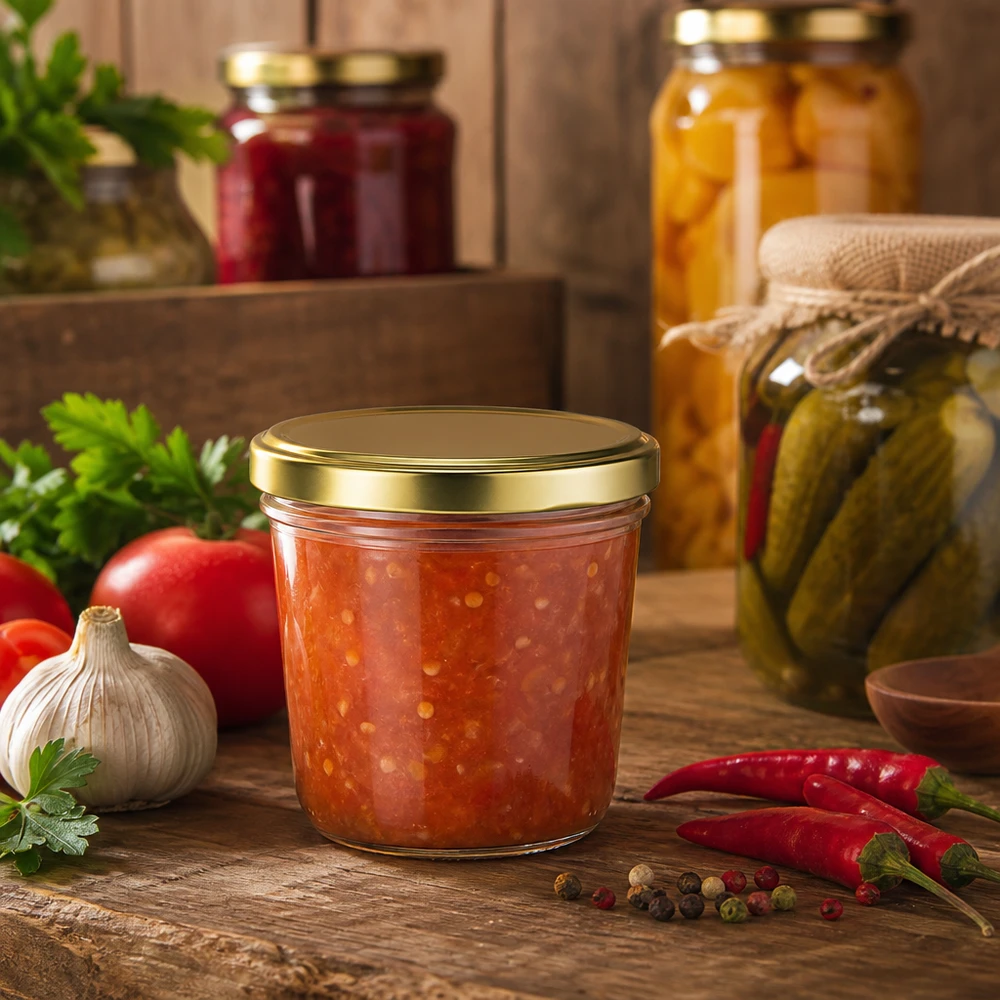 230ml bekers met BasicSeal deksel goud UNiTWIST 230 ml glazen pot met gouden deksel gevuld met tomatensaus omringd door verse ingrediënten en kruiden
