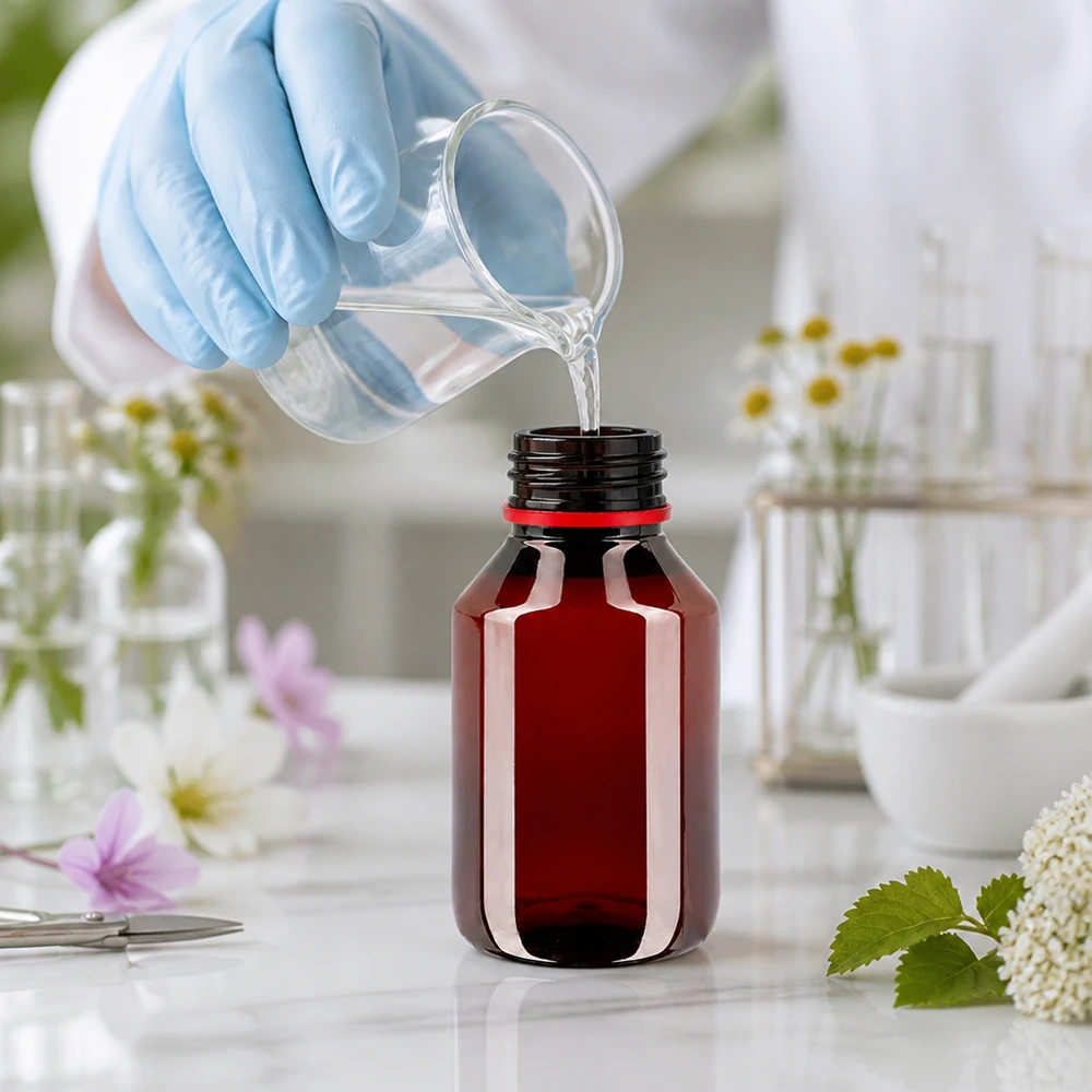 PET-fles 50ml met wit/rode dop OV Compacte PET-fles van 50 ml in amberkleur met een fraudebestendige rood-witte sluiting