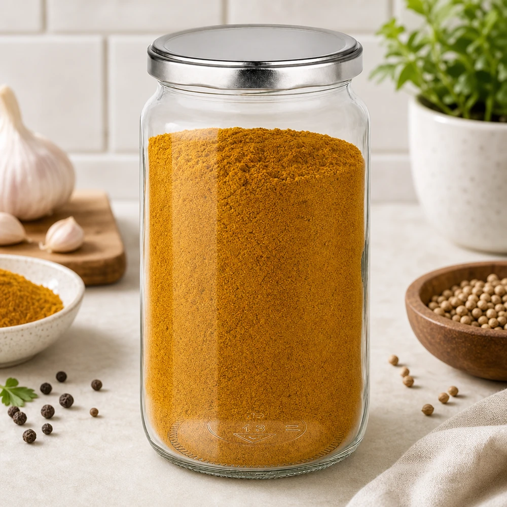 795 ml rond potje met BasicSeal deksel gevuld met kruidenpoeder in keuken naast koriander en knoflook