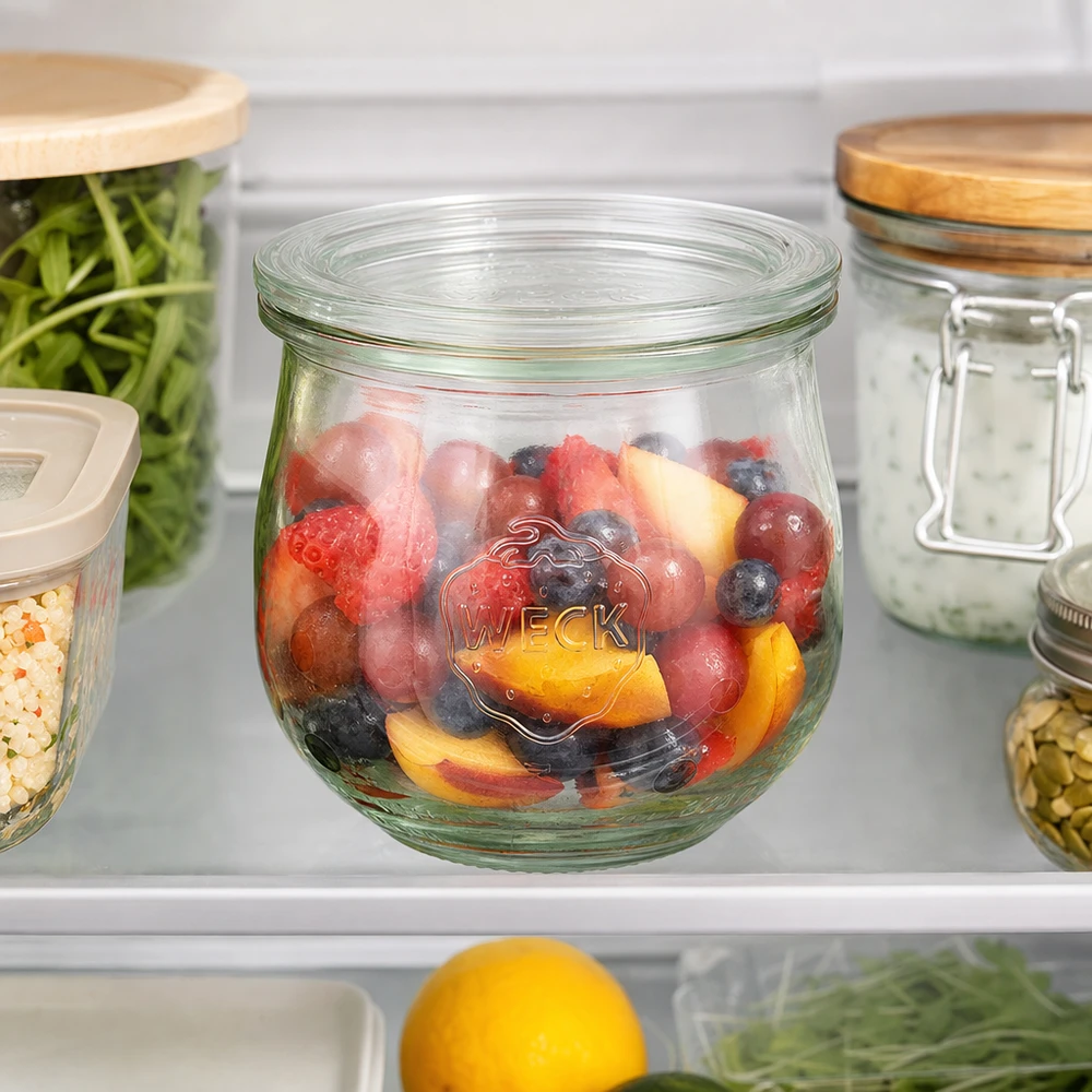 WECK tulp pot 370ml RR80 met verse fruitsalade in de koelkast voor het praktisch bewaren van voedsel