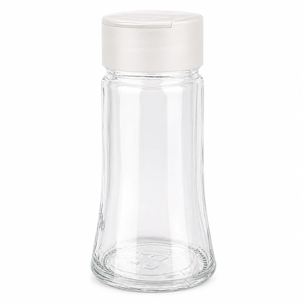 Zout-/kruidenpotje 95 ml met dubbele strooier, wit Leeg zoutstrooierglas van 95 ml met wit kunststof deksel en dubbele strooifunctie