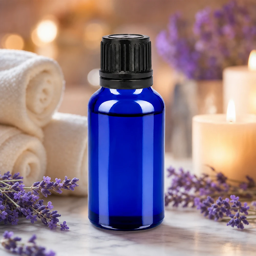 20ml fles 11mm SV zwart OV BlueLine UT18/20 Compact blauw glazen flesje van 20 ml met zwarte dop, perfect voor doe-het-zelfcosmetica en mengsels