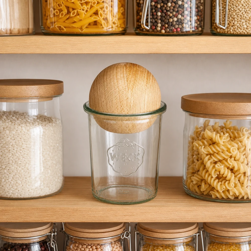 WECK RR60 160ml mason jar met houten bal op keukenplank tussen voorraadpotten met pasta en ontbijtgranen