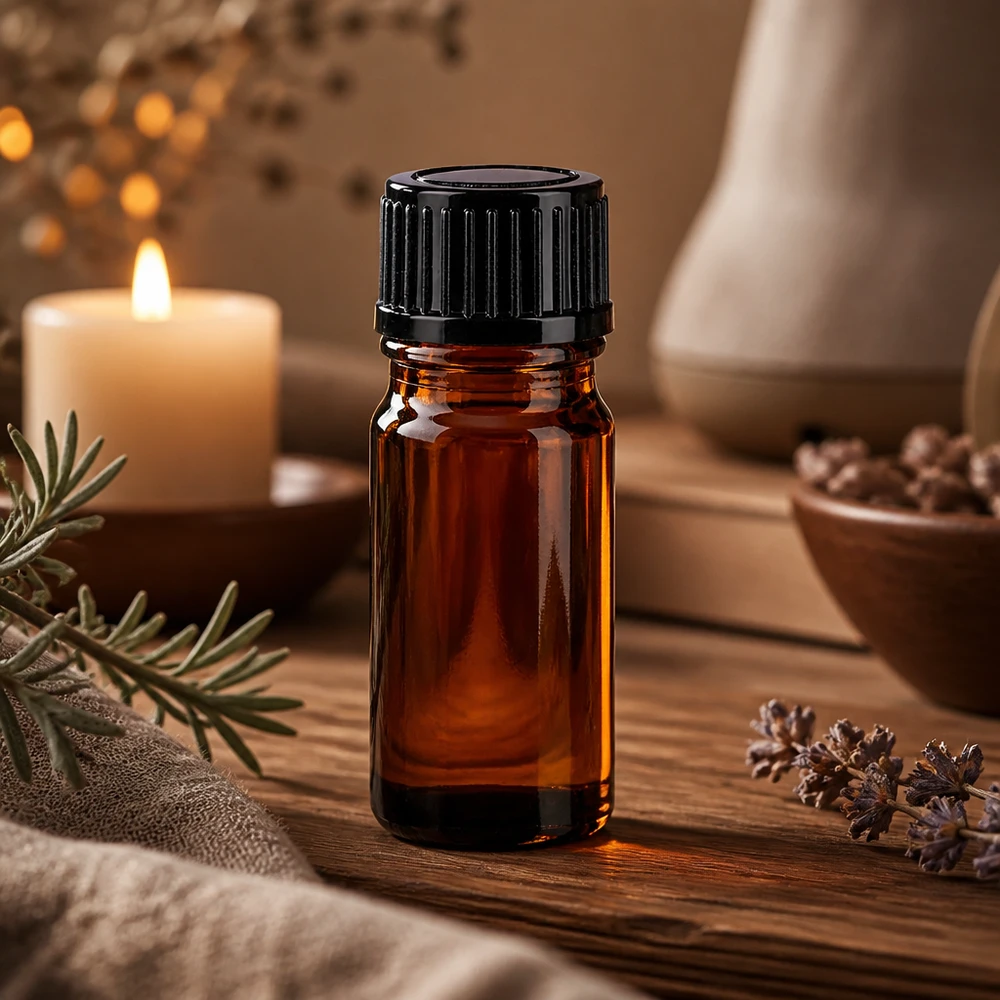 Bruinglasflesje van 5 ml met kindveilige zwarte schroefdop voor natuurlijke cosmetica