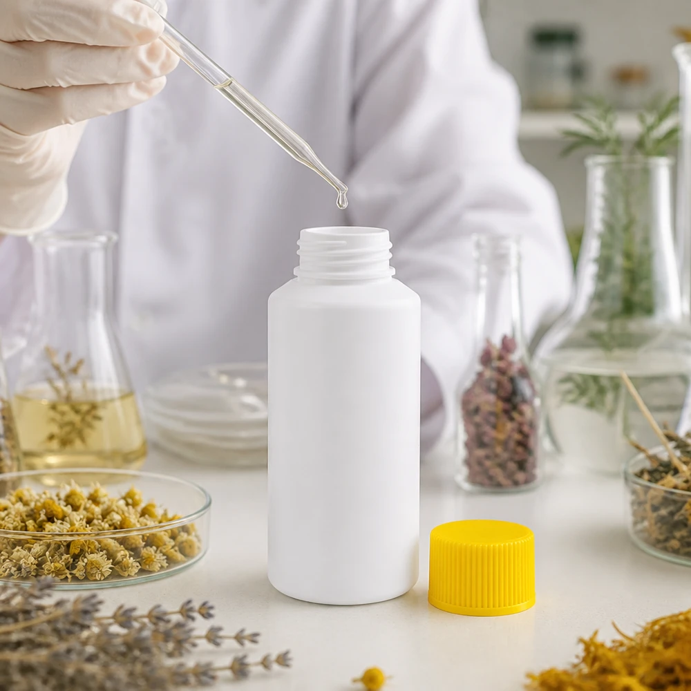 Afvullen van druppels in een wit HDPE-apotheekflesje van 30 ml met een gele SV door laboratoriumtechnici