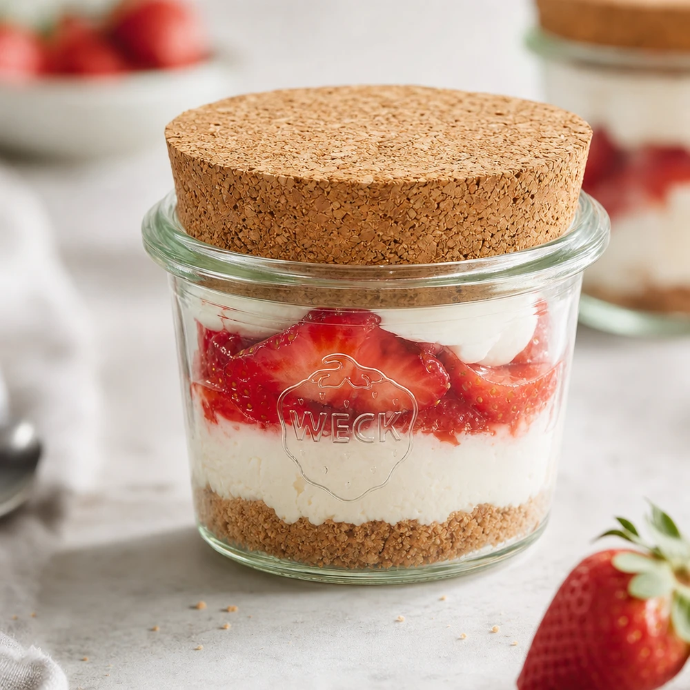 35ml stortglas WECK RR40 met kurk WECK RR40 35ml mason jar met kurk gevuld met aardbeienroom dessert als portiepot voor zoete desserts