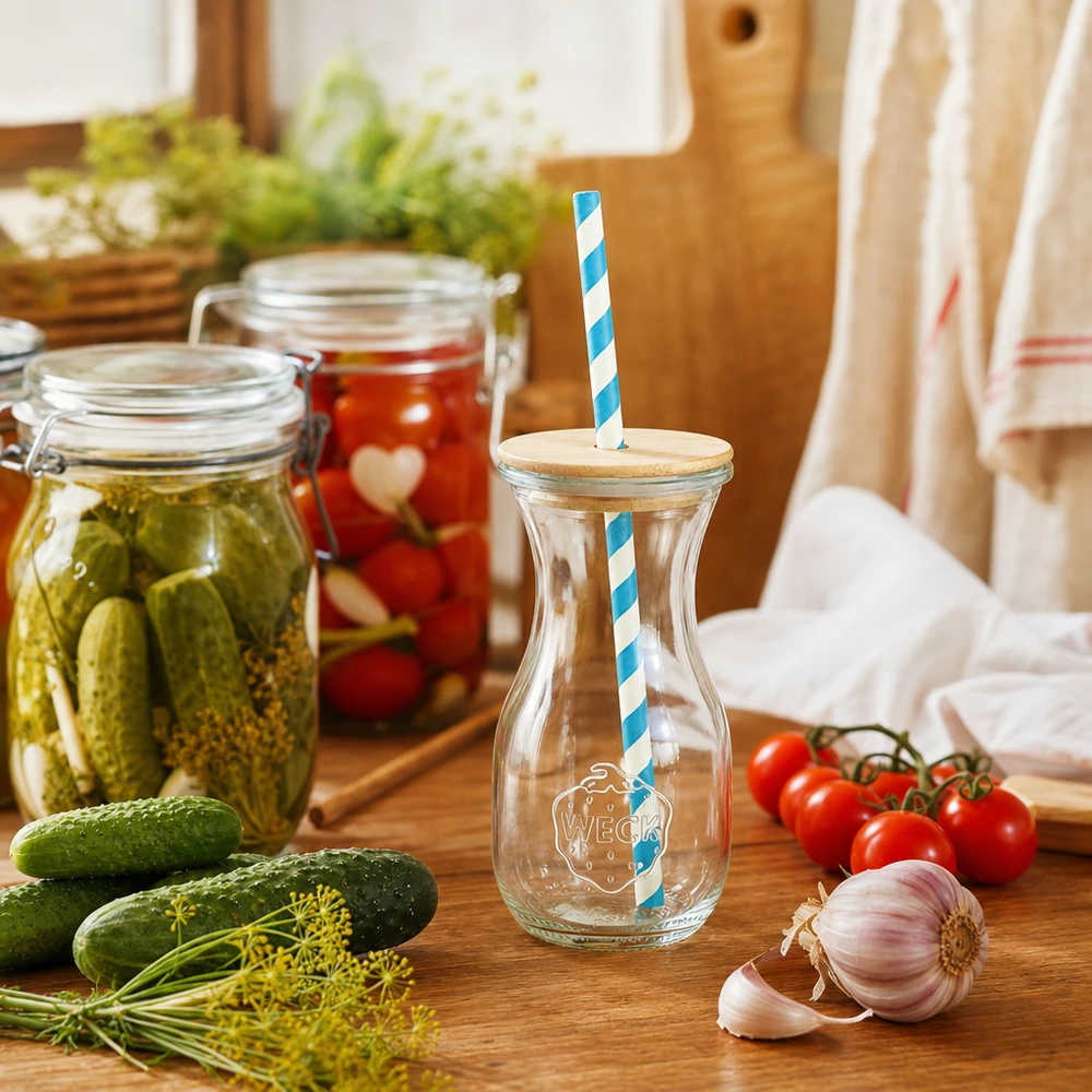 WECK sapfles 290ml keuken decor met ingemaakte komkommers tomaten verse groenten houten deksel eco rietje