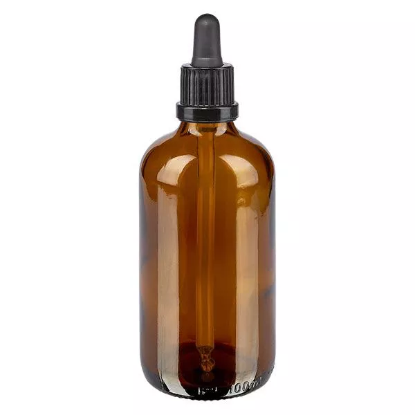Pipetfles bruin 100ml, pipet zwart/zwart VR Pipetfles bruin 100ml, pipet zwart/zwart VR
