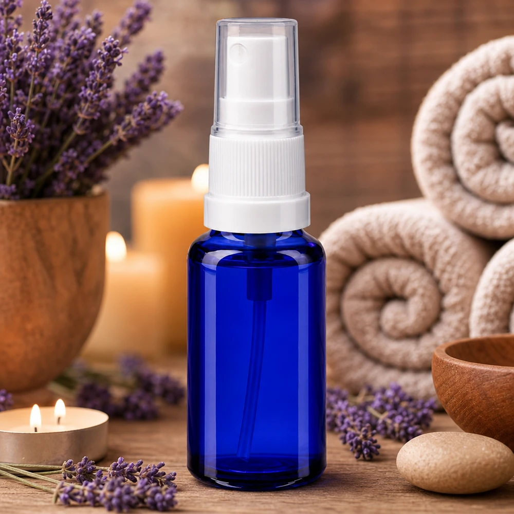 Flesje van 20 ml van kobaltblauw apothekersglas met fijne verstuiver voor gezichtslotion en serums