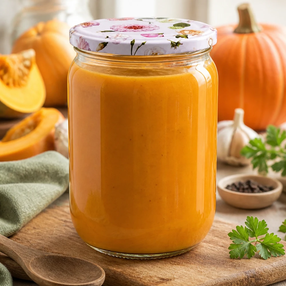 555 ml rond glas + BasicSeal-deksel met bloemmotief, roze, UNiTWIST Oranje pompoencrème in een luchtdichte ronde glazen pot van 555 ml met een roze BasicSeal-deksel met bloemmotief