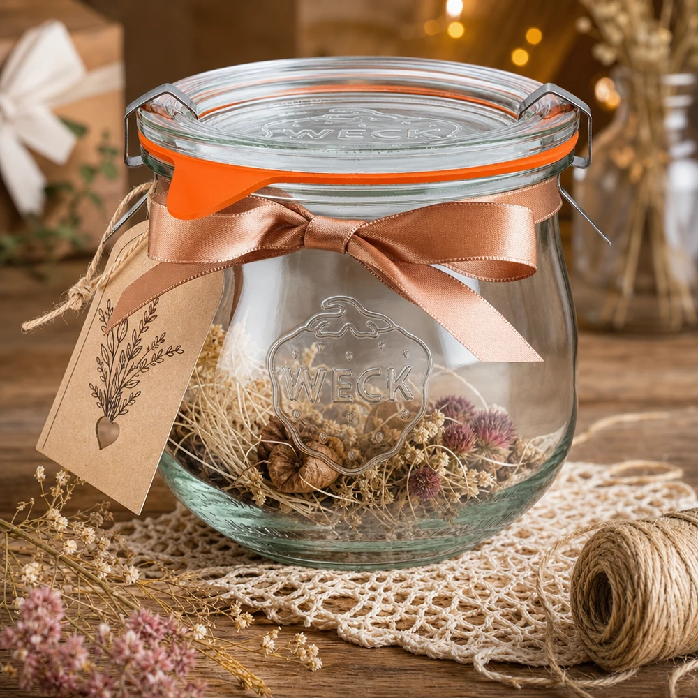 WECK tulpenpot 370ml RR80 decoratief gerangschikt met gedroogde bloemen satijnen lint en cadeaulabel als een knutselidee