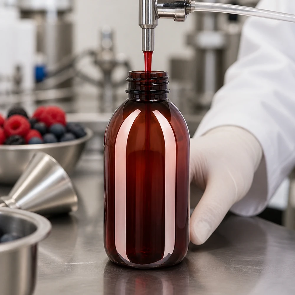 Een voedingsmiddelentechnicus vult een bruine PET-fles van 250 ml met bessenextract van frambozen en bosbessen