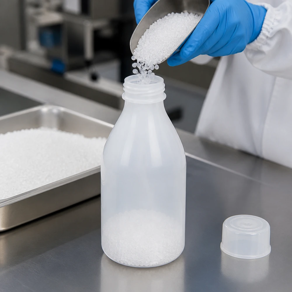 Nauwe hals laboratoriumfles 100ml met schroefsluiting Een hand met een blauwe handschoen vult een laboratoriumflesje van 100 ml met korrels uit een roestvrijstalen schaal