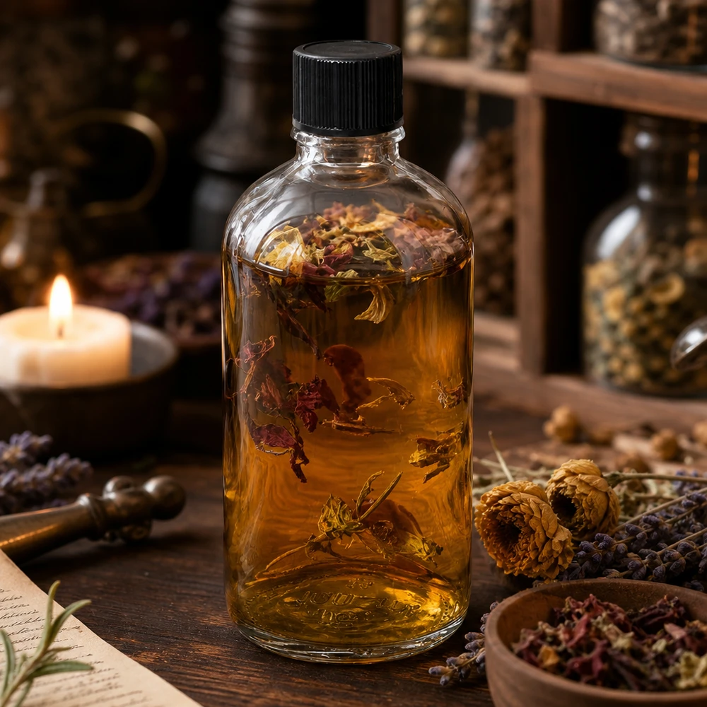 Botanische kruidenolie-infusie in een ClearLine-glazen fles van 100 ml met zwarte schroefdop UT18