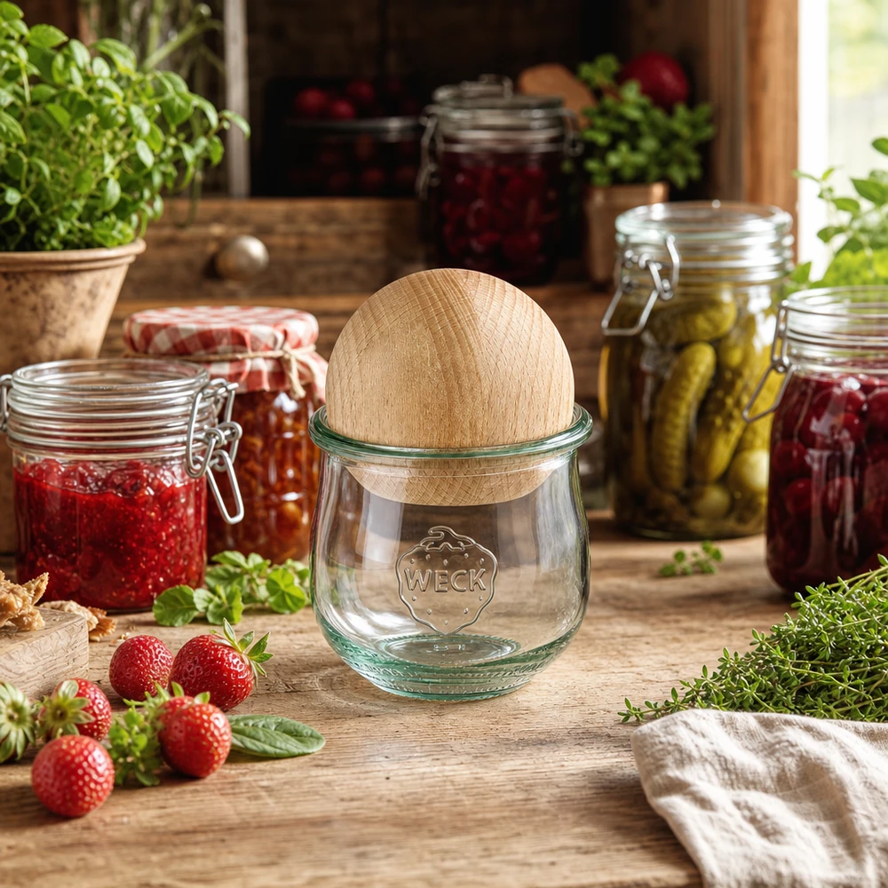 WECK inmaakpot RR80 met houten deksel in een rustieke keuken tussen jampotten en verse aardbeien
