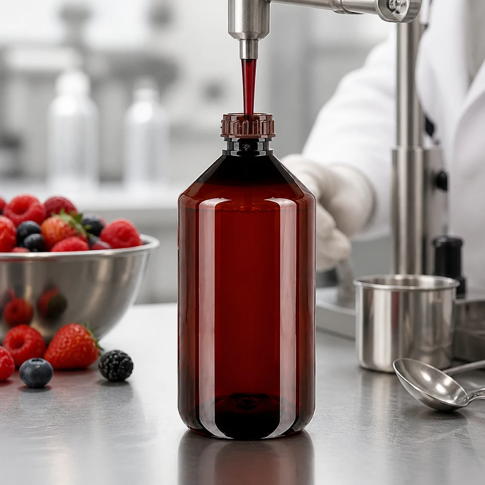 PET-fles 750 ml met bruine dop Standaard Bruine PET-fles van 750 ml naast verse bessen en een maatbeker op een roestvrijstalen oppervlak