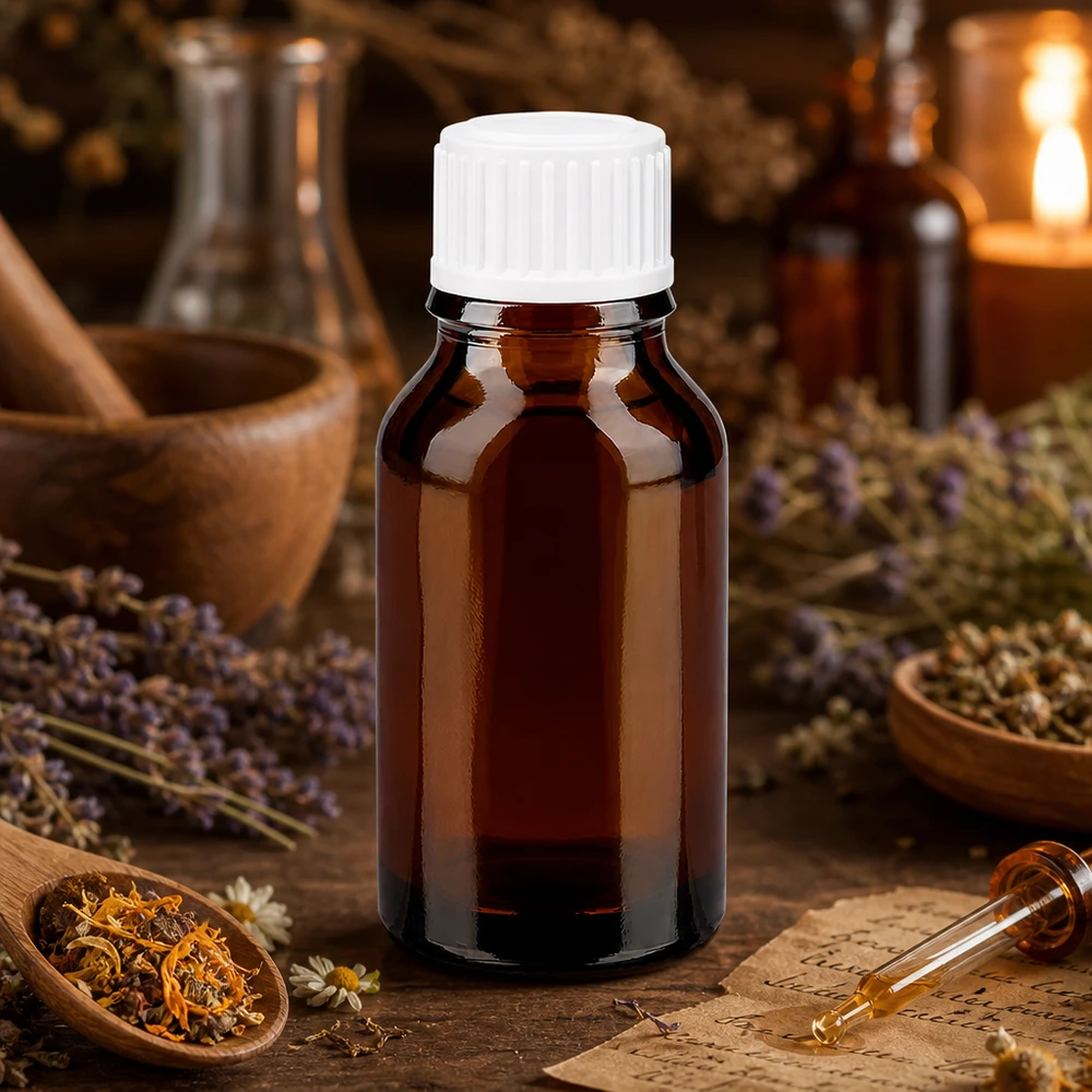 Bruine glazen fles 30ml met wit schroefsluiting St Apothekersflesje van UV-werend bruin glas, 30 ml, met standaard witte dop voor tincturen