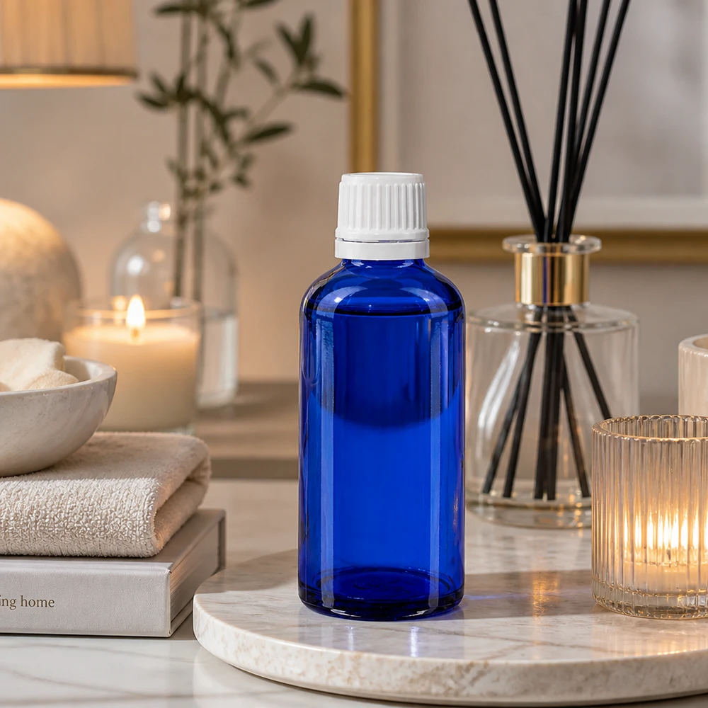 Blauwe glazen flessen 50ml met wit schroefsluiting VR Lichtbestendige fles, blauw, 50 ml, van apothekersglas met wit druppelinzetstuk voor etherische oliën