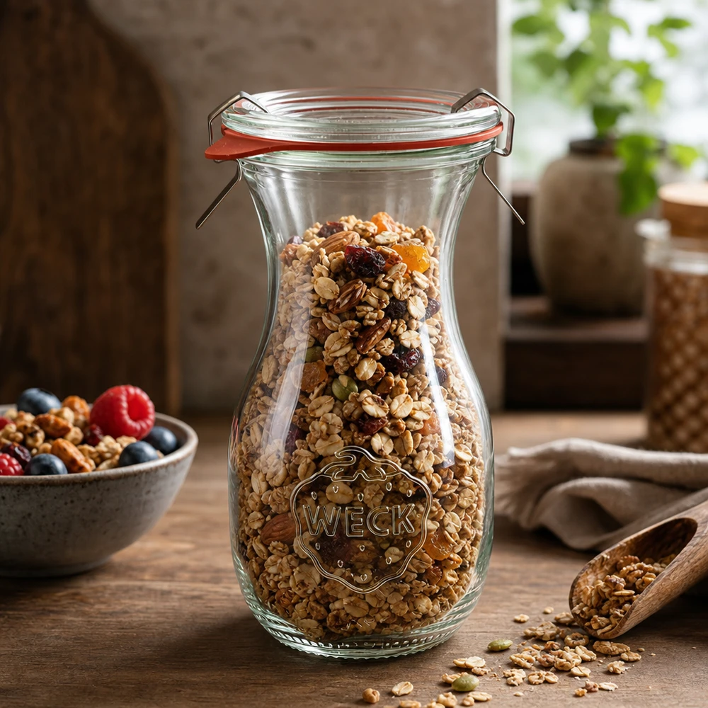 WECK sapfles 290ml RR60 gevuld met muesli en gedroogd fruit voor voedselopslag