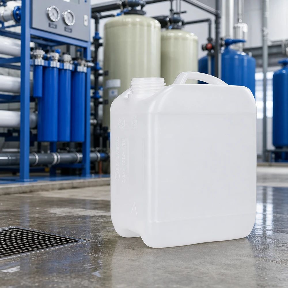 2,5l jerrycan, UN-toelating, zonder schroefsluiting Een jerrycan van 2,5 liter met chemicaliën, zonder deksel, voor een omgekeerde-osmose-installatie op een betonnen vloer