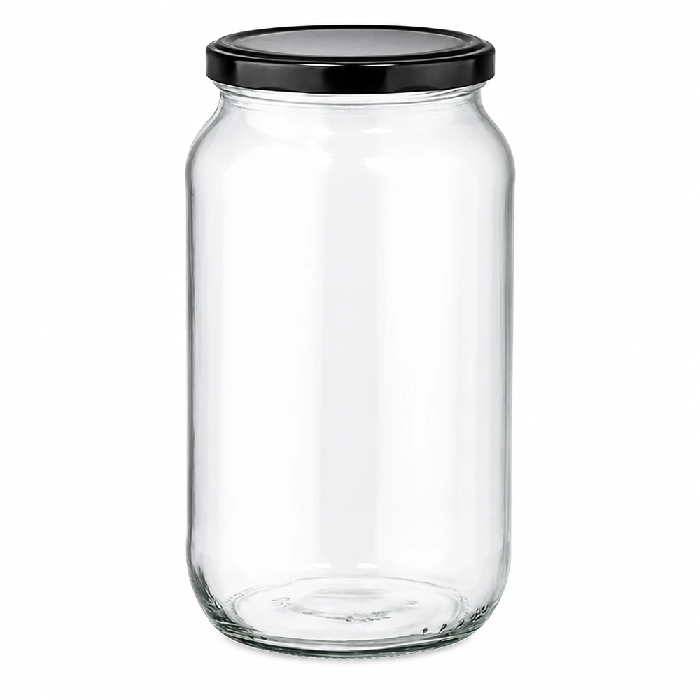 1062ml ronde pot met zwart BasicSeal deksel - lege inmaakpot van helder glas voor voedsel en opslag