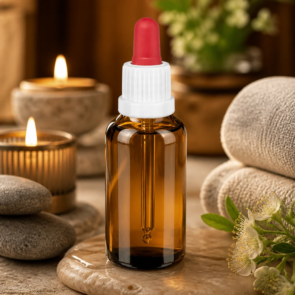 Elegant 30ml druppelflesje van amberkleurig glas met contrasterende witte en rode dop voor professioneel gebruik