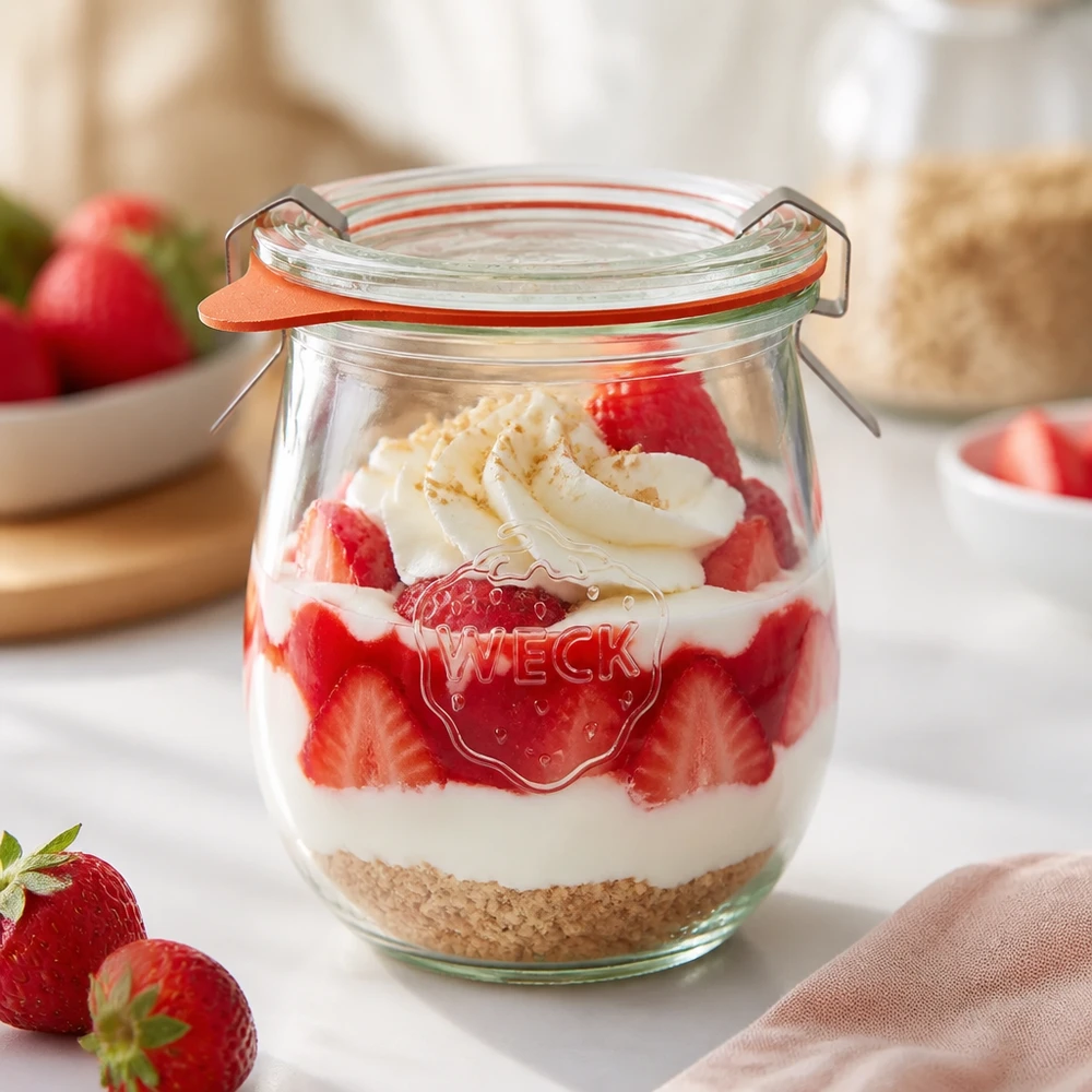 220ml tulpenglas compleet WECK RR60 WECK tulp pot 220ml RR60 met aardbeien dessert gelaagde yoghurt en biscuit basis gebruikt als dessert pot