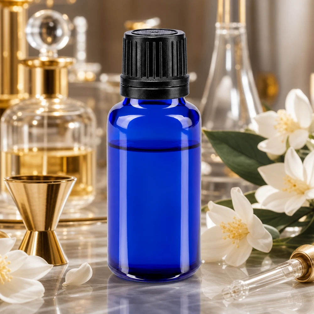 Donkerblauwe druppelfles van 20 ml, gemaakt van hoogwaardig apothekersglas, met een zwarte schroefdop