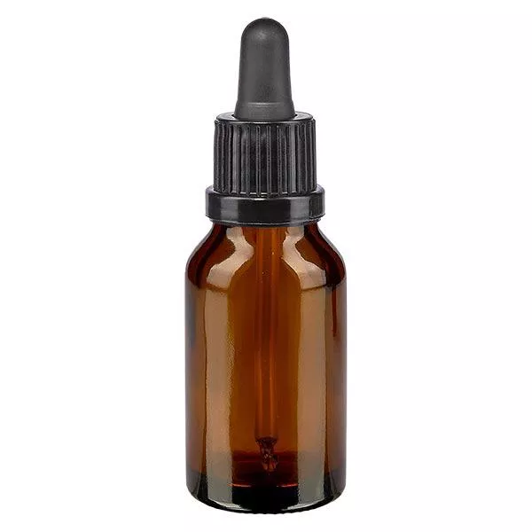 Apothekersfles bruin 15 ml pipet zwart met garantiesluiting (OV)