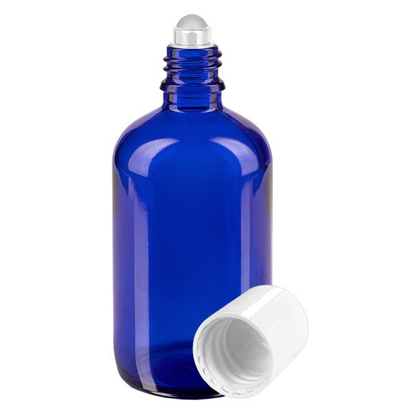 Apothekersflesje blauw 100ml roll-on cap wit Apothekersflesje blauw 100ml roll-on cap wit