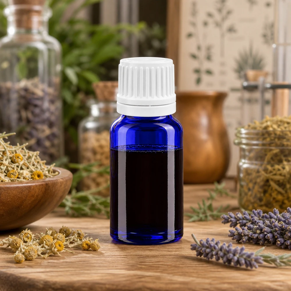 Blauw glazen flesje van 10 ml met lekvrije dop, ideaal voor cosmetica en natuurgeneeskunde