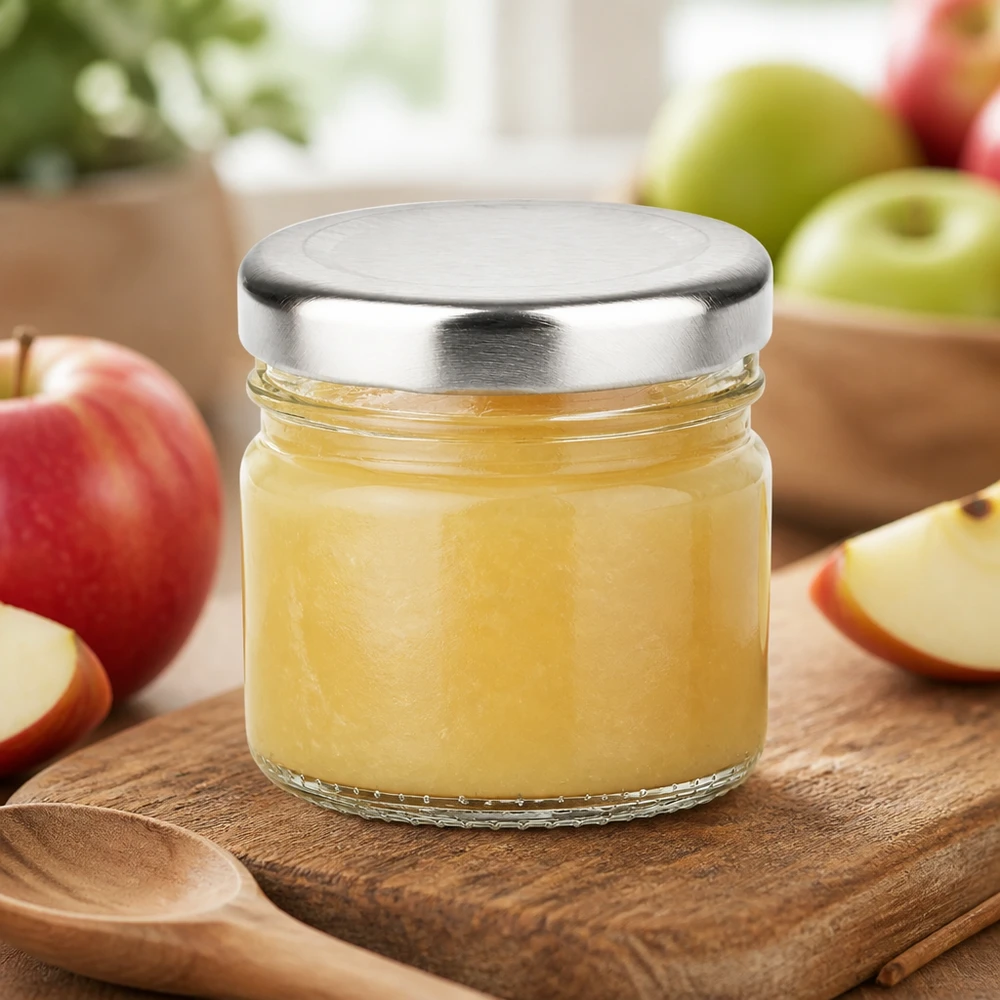 Rond glazen potje van 33 ml met BasicSeal-deksel, als handige portie voor jam en vruchtenmoes