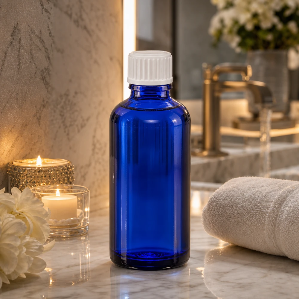 Blauw medicijnflesje van 50 ml met STD-druppelaar, vervaardigd uit beschermend ApoGlas voor gevoelige vloeistoffen