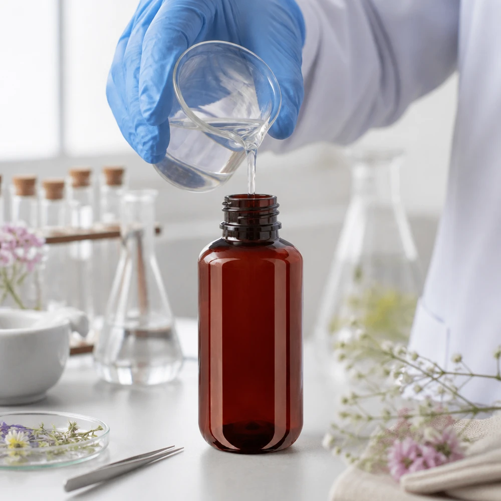 100ml PET medicijnfles - schroefsluiting VR wit - doseerbeker 30ml blank Kompakte 100ml PET Flasche in Braun mit kindersicherem OV Verschluss und Dosierbehälter