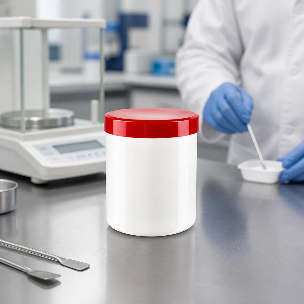 Compacte cilindrische zalfpot van 20 g, wit met rood, farmaceutische verpakking van PP-kunststof