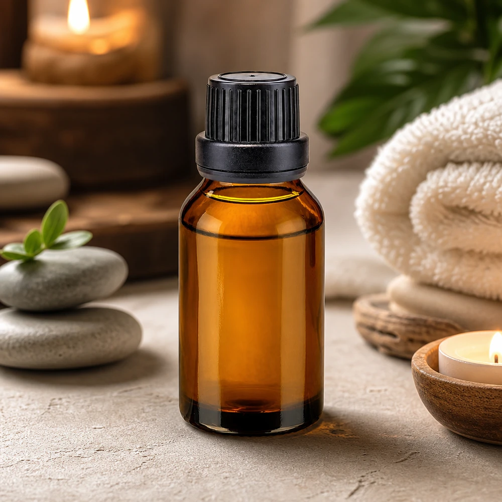 Cilindrische apothekersfles van bruin glas van 15 ml met geribbelde schroefdop en druppelinzetstuk