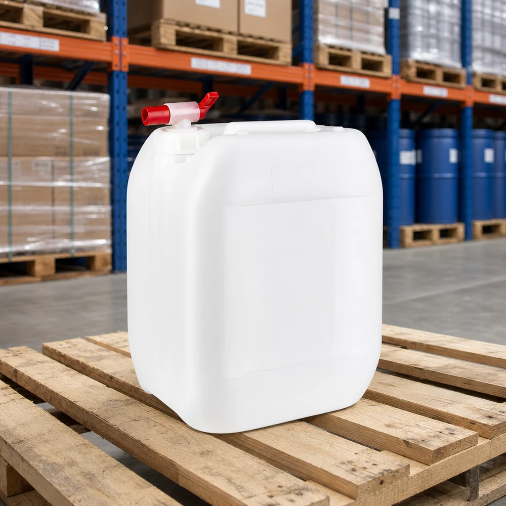 Stapelbare transportkanister van 10 liter, wit met rode kraan, op een europallet in het grootmagazijn