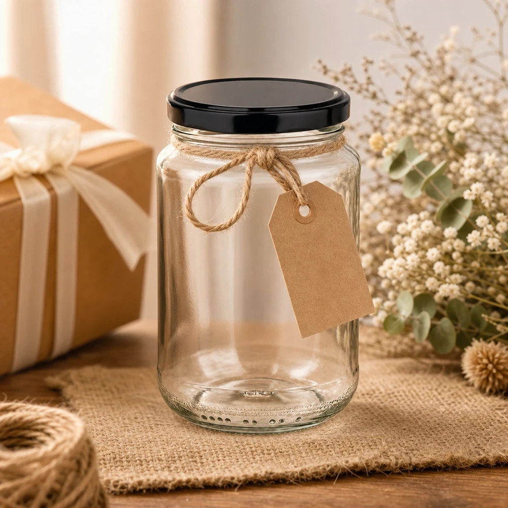 375 ml ronde pot decoratief opgevoerd met kraftpapier label en jute koord als geschenkverpakking inmaakpot