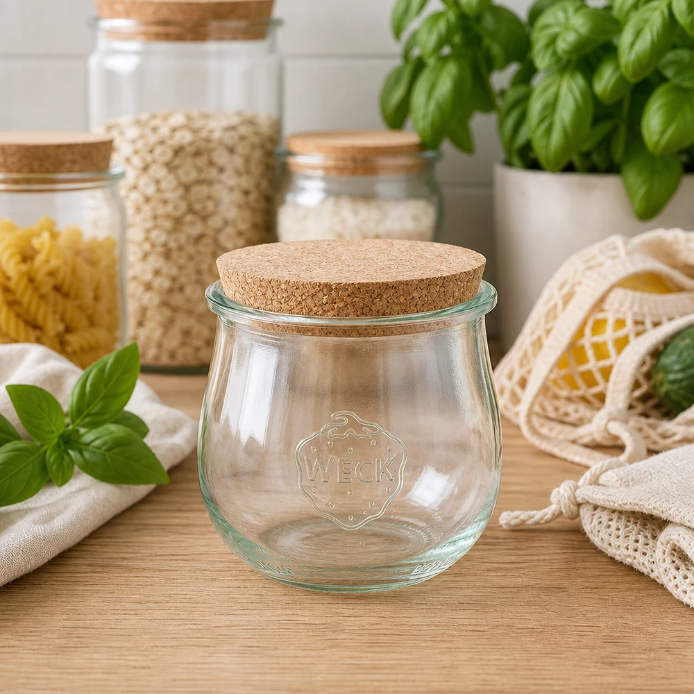 370ml tulpenglas WECK RR80 met kurk WECK tulpenpot 370ml RR80 met kurk in duurzame zero waste keuken tussen voorraadpotten en basilicum