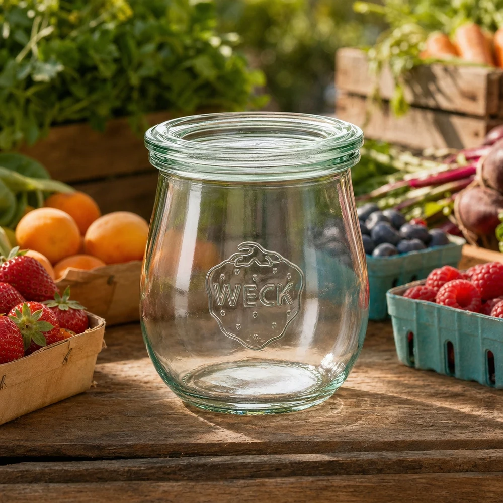 WECK tulpenpot 220ml RR60 leeg op een houten tafel omringd door vers fruit en groenten in een natuurlijke tuinomgeving