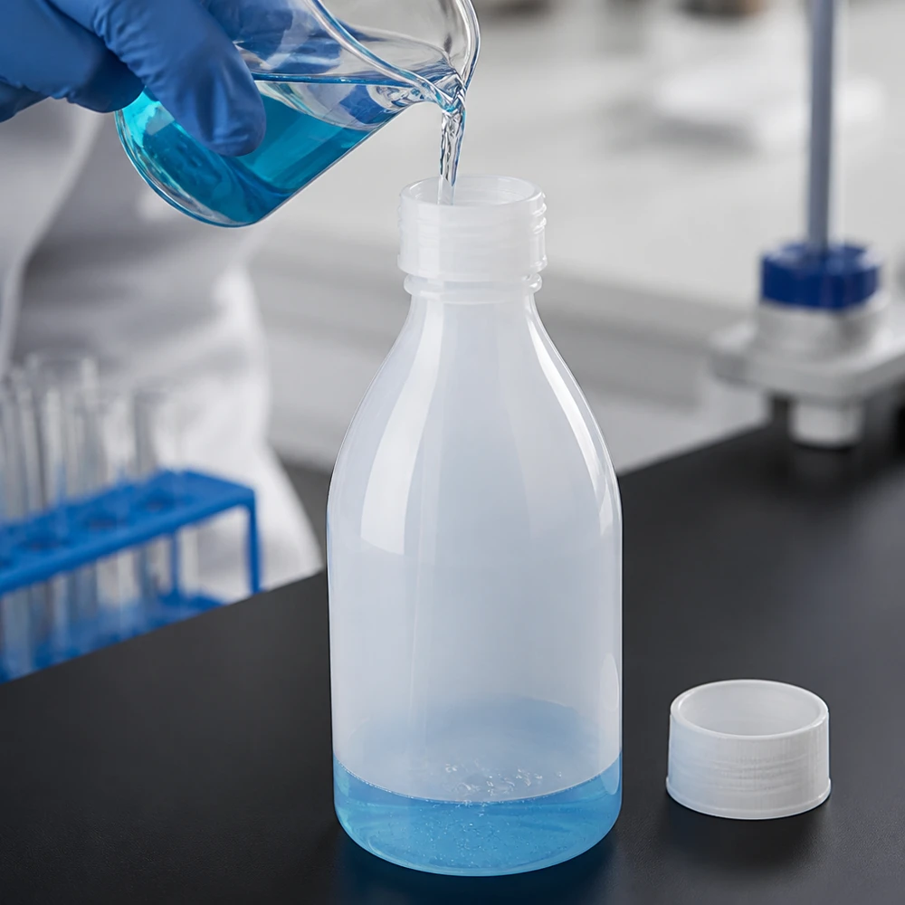 Een doorzichtige PE-schroeffles met smalle hals van 100 ml wordt gevuld met een blauwe chemische stof